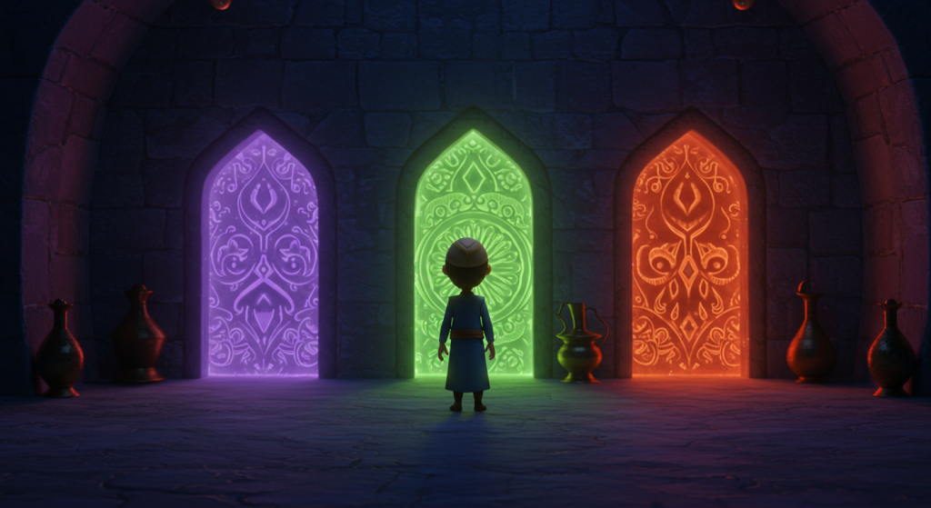 A warm 3D animated village square at sunrise Keloğlan artık gözleri parlayan ve biraz daha olgunlaşmış bir genç gibi bilge kadına eğilerek teşekkür eder Bilge kadın gülümser elini başına koyar ve yavaşça uzaklaşır ardında kelebekler ve yumuşak bir melodi bırakır Pixar style animasyonla duygusal kapanış yüz ifadelerinde derinlik ve Anadolunun sabah ışığıyla aydınlanan umutlu bir final sunulur